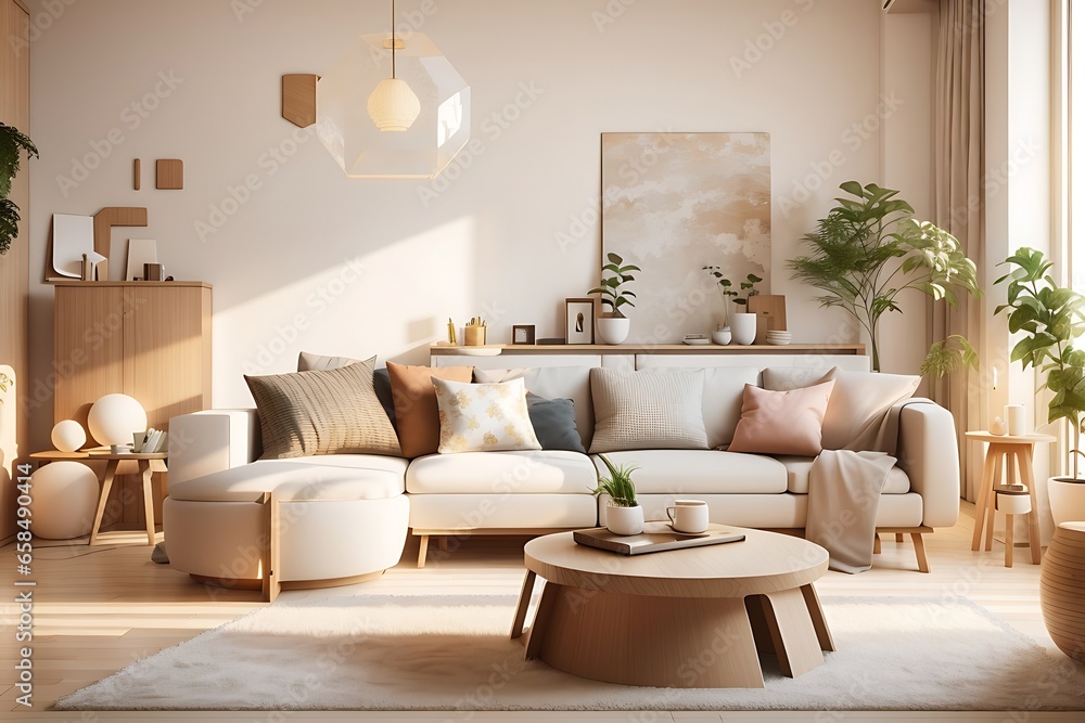 Modern interior style design livingroom. Lighting and sunny scandinavian apartment with plaster and wood. pastel