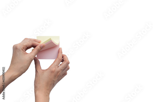 Hands holding note paper isolated on white photo