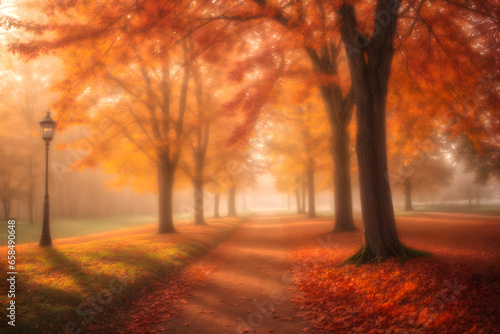 maple leaves in fall city park,nature scene in sunset fog ,autumn forest © Nisit