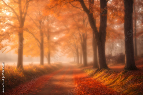 maple leaves in fall city park,nature scene in sunset fog ,autumn forest