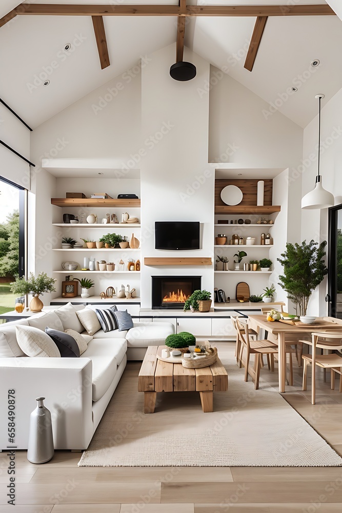 Open plan living room with white kitchen and pantry. Cozy patio with an ...