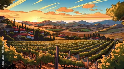 Sun-kissed vineyards and wineries. Fantasy concept , Illustration painting.