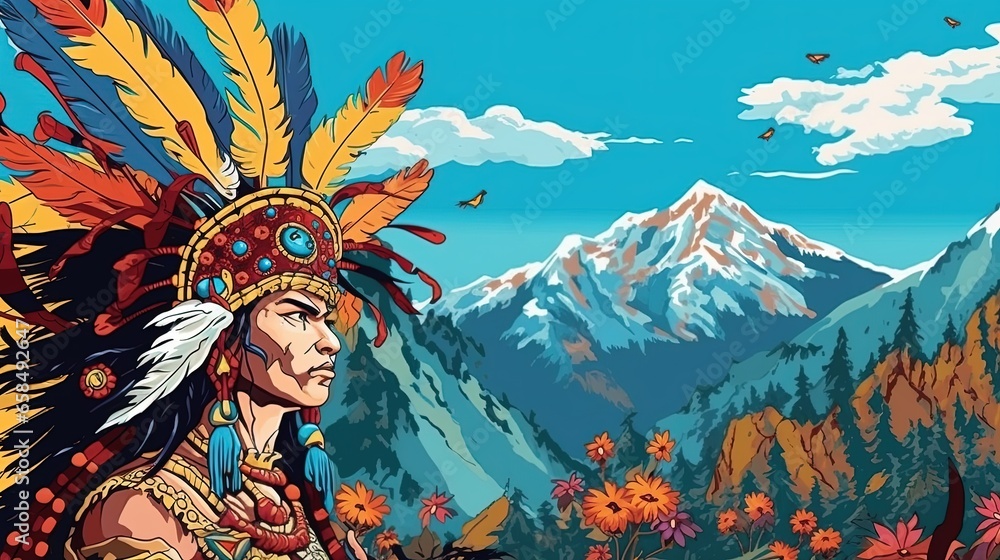 Portrait of an Indian chief on the background of mountains. Fantasy concept , Illustration painting. - obrazy, fototapety, plakaty 