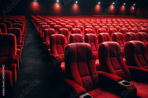 Movies and cinema, architecture concept. Abstract background of empty cinema theater red seats. Abstract background with copy space. Generative AI