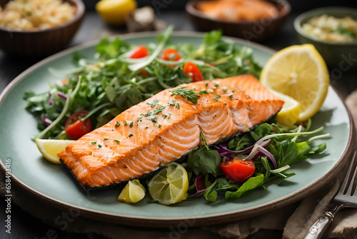 Baked or fried salmon and salad, Paleo, keto, fodmap, dash diet. Mediterranean food with steamed fish Pro Photo