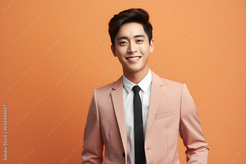 Handsome happy Asian man in pink business suit on bright orange colour background, colourful studio portrait Handsome happy Asian man in pink business suit on bright orange colour background, colourful studio portrait