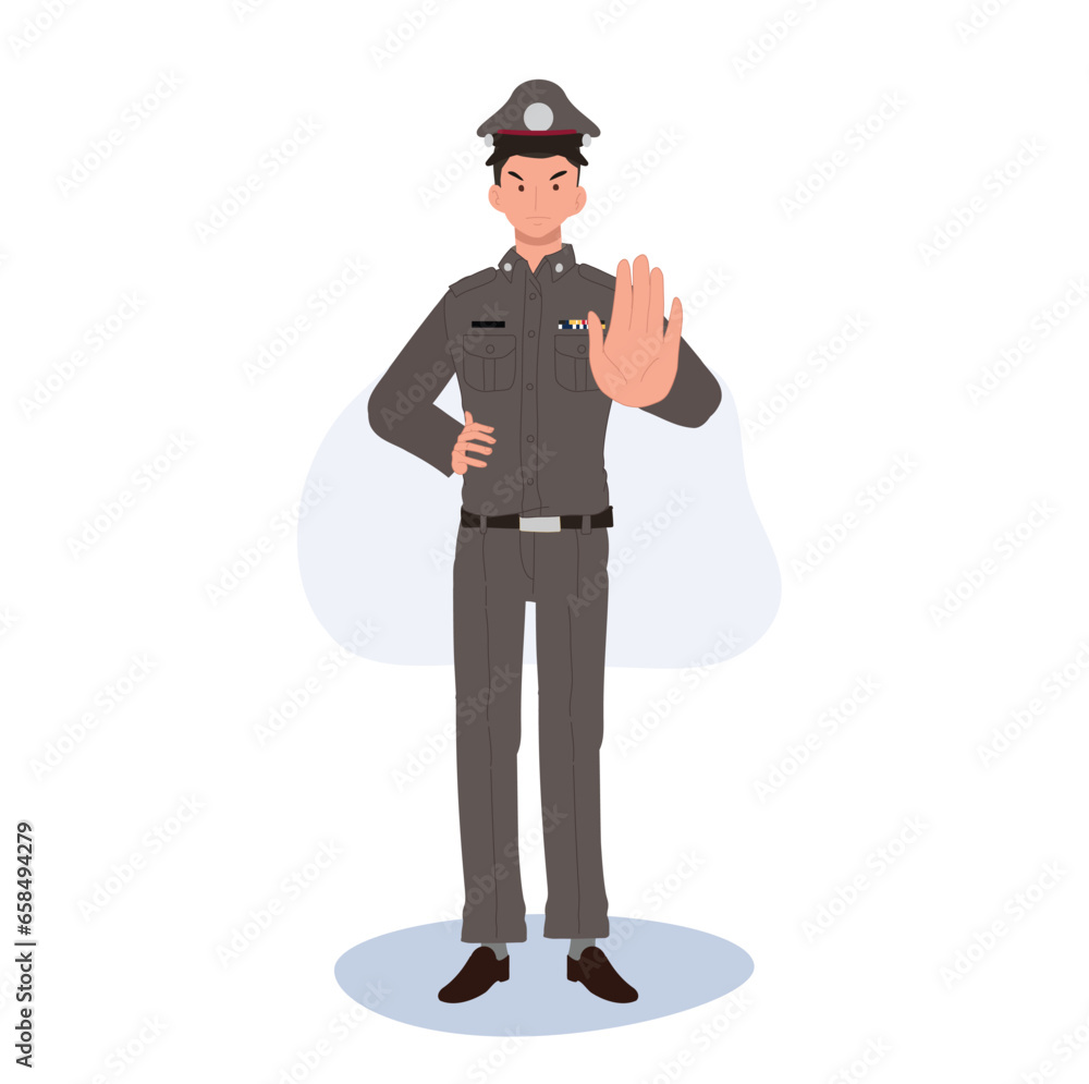 Thai Police Officer with STOP Hand Sign. Traffic Control Symbol