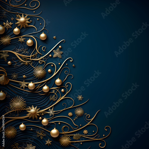 Very Elegant Christmas Themed Design Illustration over Dark Blue Background with Gold Accents photo