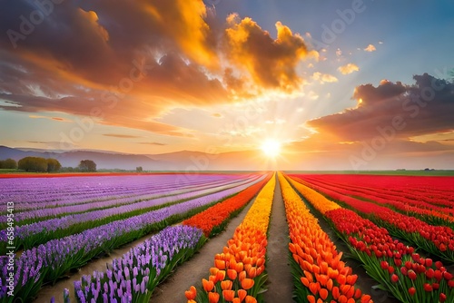 A field of tulips in full bloom beneath a clear, blue spring sky
