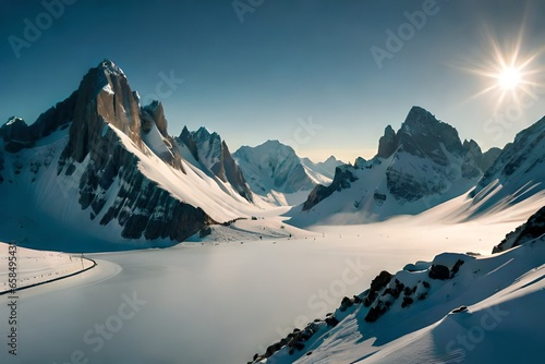 A majestic mountain range, its peaks dusted with freshly fallen snow