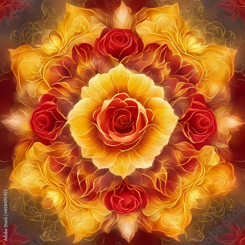 Abstract circular mandala with red and yellow rose flowers.