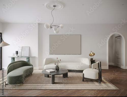 Living room interior design in white theme, sofa and table wall painting frame