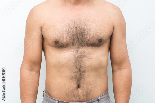 Hairy chest on skin man isolated on white background photo