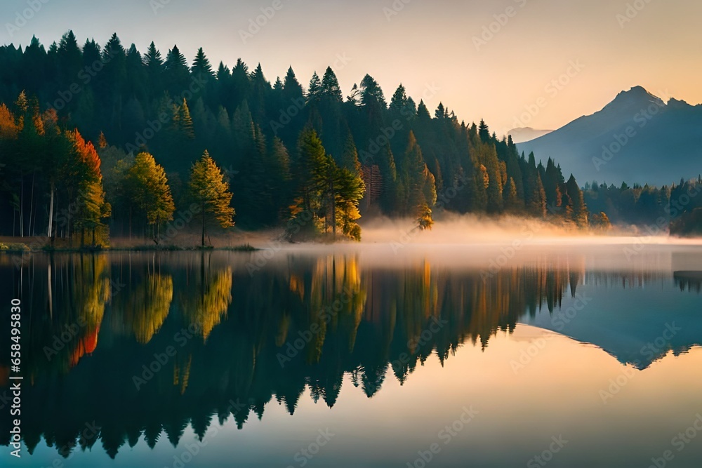 A serene lakeside landscape with mist rising over tranquil waters at dawn