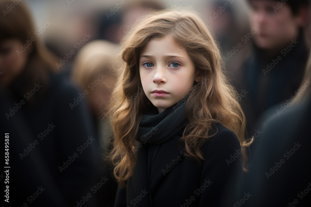 Portrait of a sad little girl on the background of the crowd.Funeral concept Portrait of a sad little girl on the background of the crowd.Funeral concept