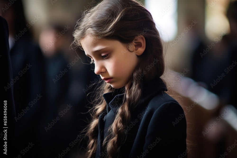 Portrait of a sad little girl on the background of the crowd.Funeral concept