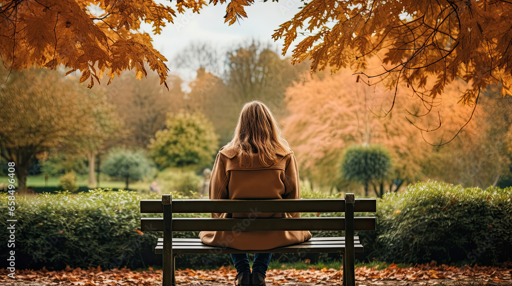 Back view of a young woman sitting on a bench in the park at autumn - obrazy, fototapety, plakaty 