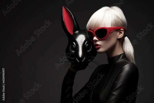 Beauty, fashion, style and make-up concept. Sexy and seductive young woman with bunny mask studio portrait. Minimalist style. Generative AI