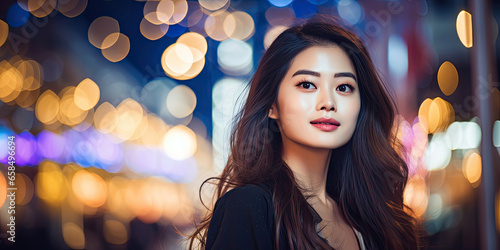 Beautiful asian women in the city at night with bokeh