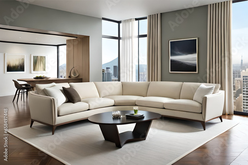 Design a sleek and contemporary  curved  white sofa with minimalist lines and neutral tones wooden floor for a modern living room   Generative AI