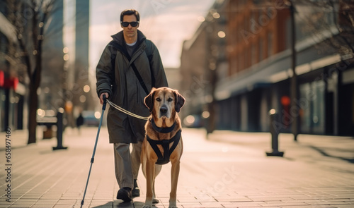 Blind handicapped guy person cane stick are walking with a guide dog on a city street.