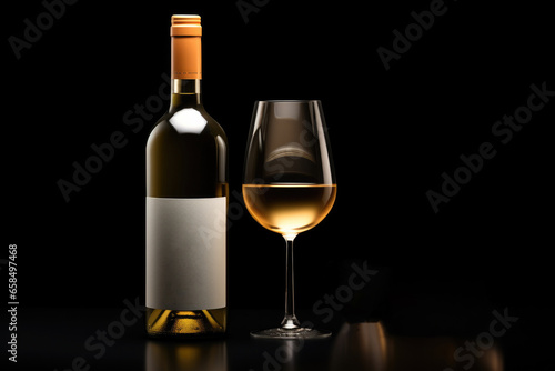 A bottle of wine and a glass on a black background.