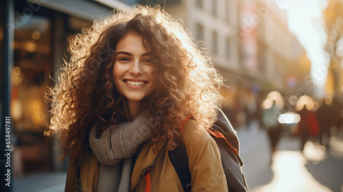 Beautiful happy young fashionable woman traveling in City with backpack. Tourists Lifestyle shopping travel concept.