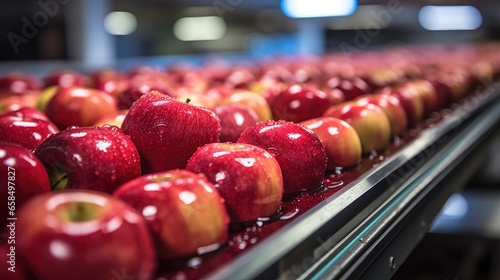 Fresh Red Apples On A Conveyor Belt.