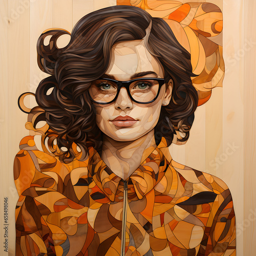 Marquetry art of woman wearing glasses