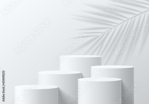 Set of abstract 3D white cylinder pedestal podium background with palm leaf shadow overlay. Mockup product display presentation. Minimal wall scene. Stage showcase. Platforms vector geometric design.