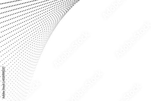 Abstract halftone flowing wavy black gradient dots shape isolated on transparent background. Digital future technology concept. Design for web design, music, cover, technology, science, data  photo