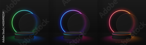 Set of 3D black cylinder podium background with red, green and blue circle neon lighting overlap backdrop. Minimal mockup product display presentation, Stage showcase. Platform vector geometric design