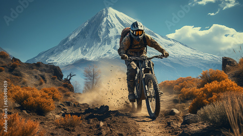 A daring mountain bike rider navigating a rugged rocky trail with a breathtaking mountain vista a adventure riding concept ,ai  photo