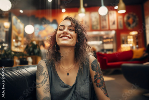 happy woman with tattoos and grunge gray tank in bar