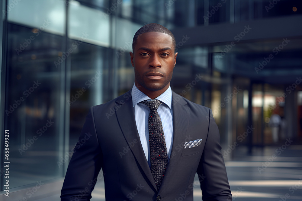 an African-American businessman in a suit outside.
