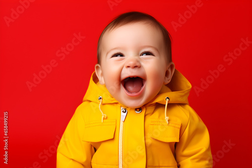 Portrait of a cute baby boy wearing yellow jacket laughing on bright red background