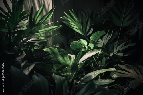 Nature and plants concept. Soft light shadows of tropical leaves and foliage background. Dense tropical dark greenery indoors background with copy space. Generative AI