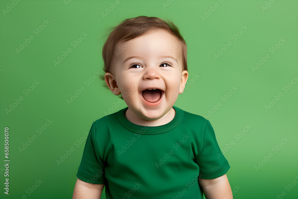 Portrait of a cute happy baby boy wearing green tee shirt laughing on bright green background