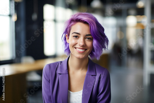 portrait of smiling young woman with short dyed ombre purple hair in office	