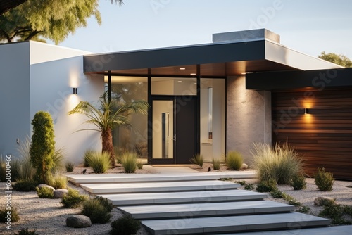 Side of a modern style home, Gray walls.