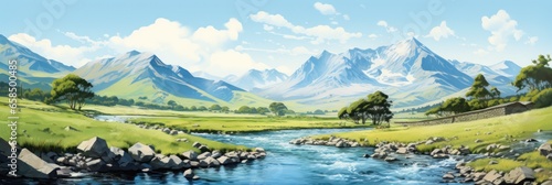 a serene mountain landscape with a clear blue sky and a winding river, generative AI