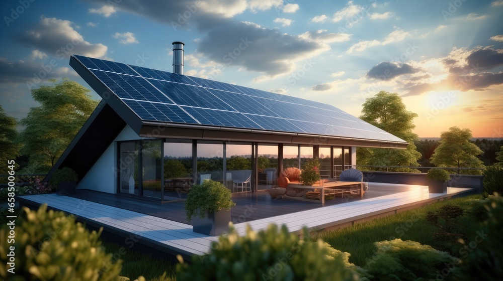 Photovoltaic panels on the roof of a modern house. Roof Of Solar Panels.