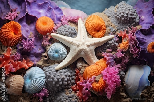 Abstraction using colorful sea sponges and starfish  photo
