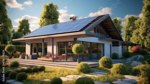 Photovoltaic panels on the roof of a modern house. Roof Of Solar Panels. © visoot