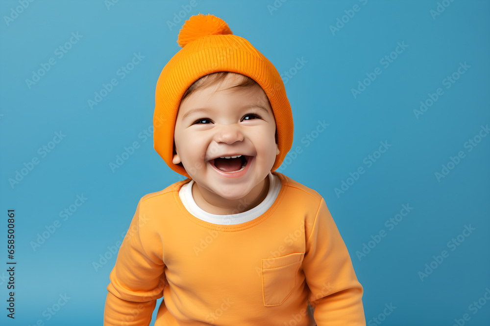 Portrait of a cute baby boy wearing yellow jumper and bobble hat laughing on bright blue background Portrait of a cute baby boy wearing yellow jumper and bobble hat laughing on bright blue background