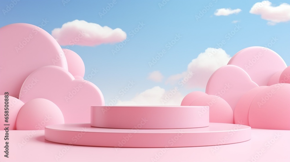 Generative AI : Background pink rendering with podium and minimal cloud scene, minimal product display background  - obrazy, fototapety, plakaty 