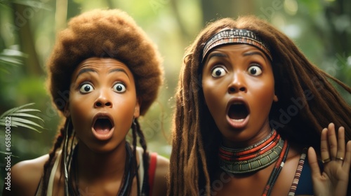 Two surprised woman from an African tribe on a jungle background.