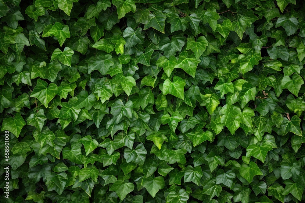 Lush greenery. Ivy covered garden wall. Nature tapestry. Fresh leaves on wall. Summer greens. Close up of leaf on fence. Botanical beauty. Vibrant patterns