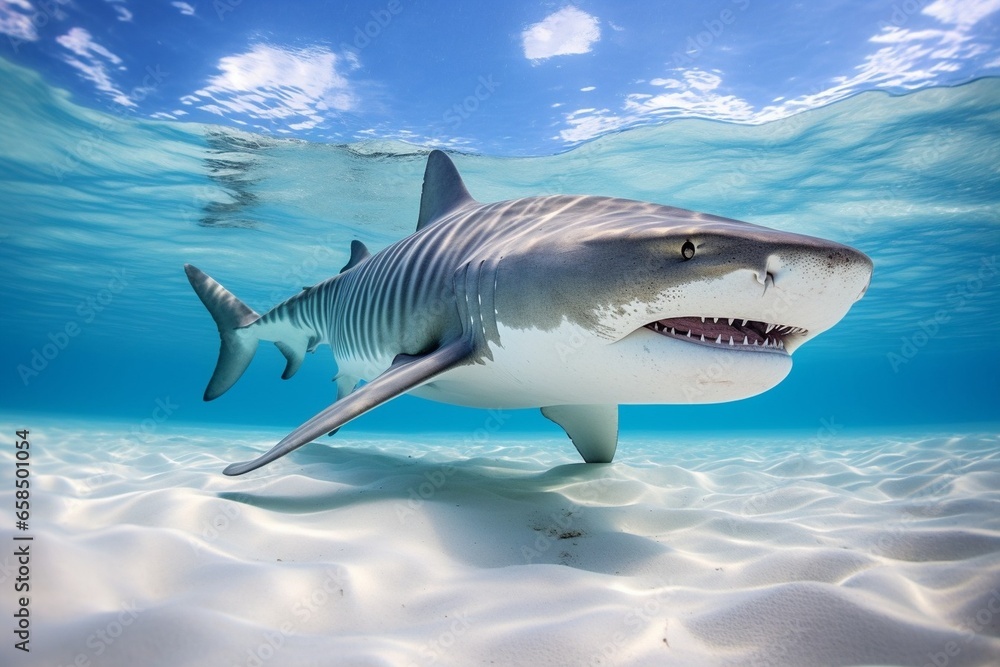 Naklejka premium Generative AI : Tiger Shark Up Close Full Body Shot. Stripes showing in clear blue water with white sandy bottom. Photo taken in The Bahamas.
