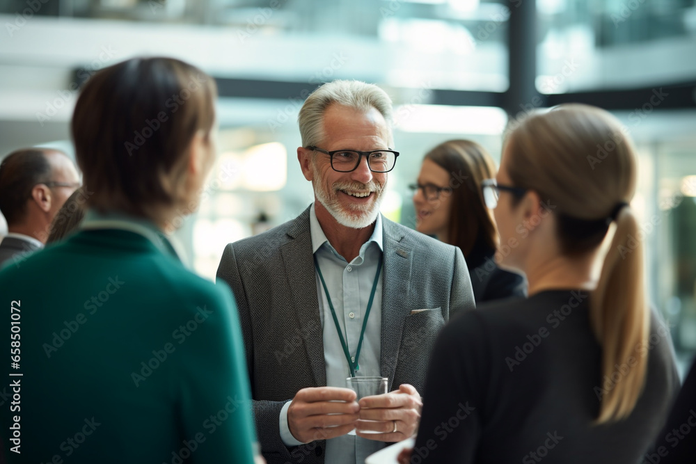 Business, lifestyle concept. Executive man speaking to group of people in office. Business man surrounded with colleagues employees listening speech. Generative AI Business, lifestyle concept. Executive man speaking to group of people in office. Business man surrounded with colleagues employees listening speech. Generative AI